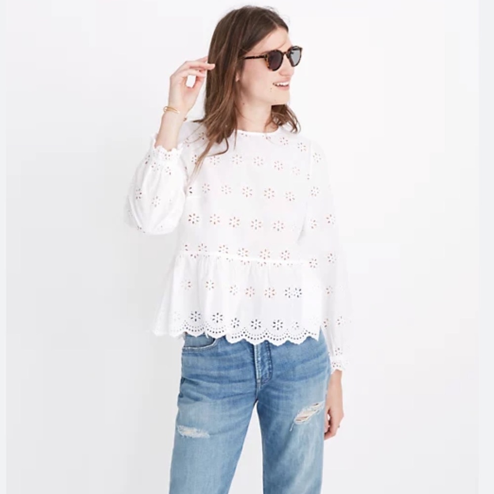 Madewell White Eyelet Keyhole Peplum Blouse Size S
